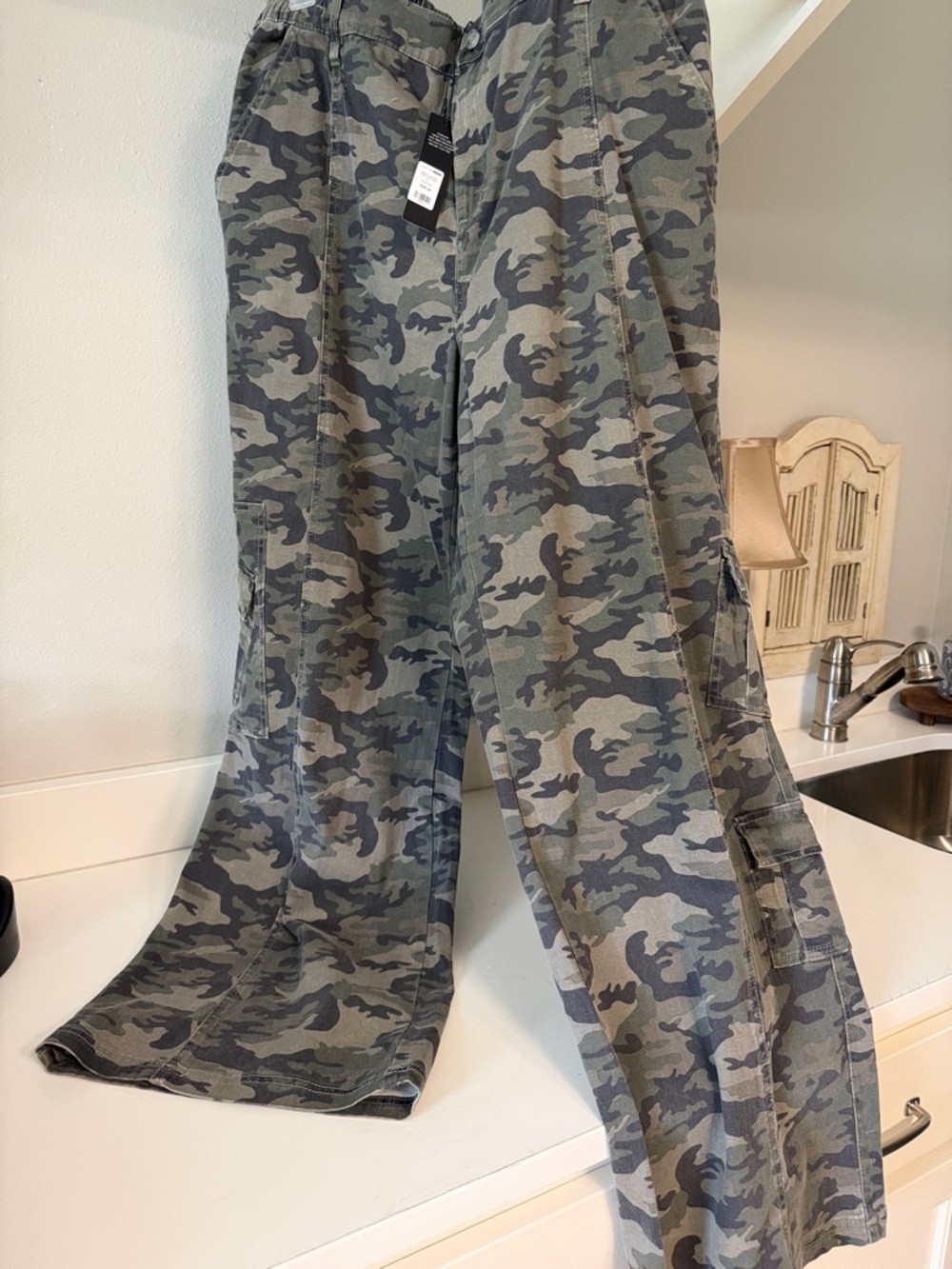 Fashion Nova Olive Green Camo Wide Leg Cargo Pants
